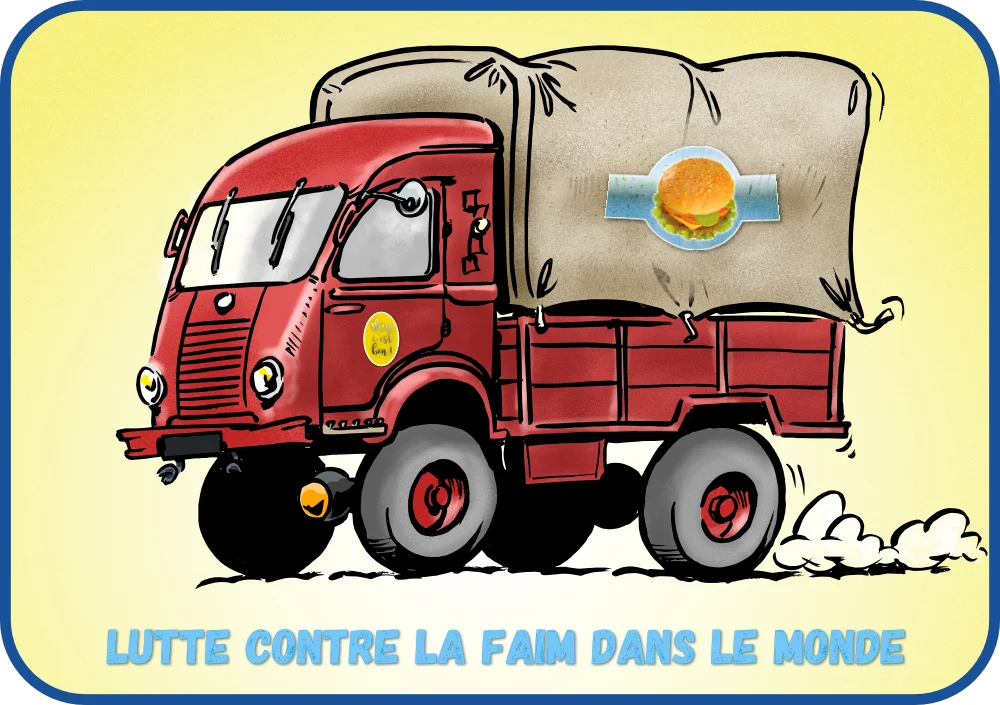 Dessin d'un camion Renault rouge de livraison d'hamburgers traité de façon humoristique