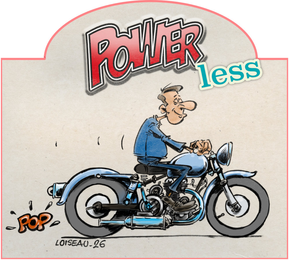 Dessin humoristique d'une motocyclette de marque Power Less.